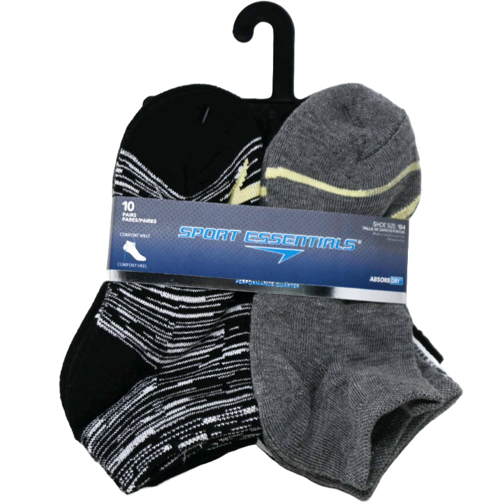10pk KIDS BLK SPORT ESSENTIALS RANDOM KNIT HC QTR SOCKS SIZE 6-8 C/P 60