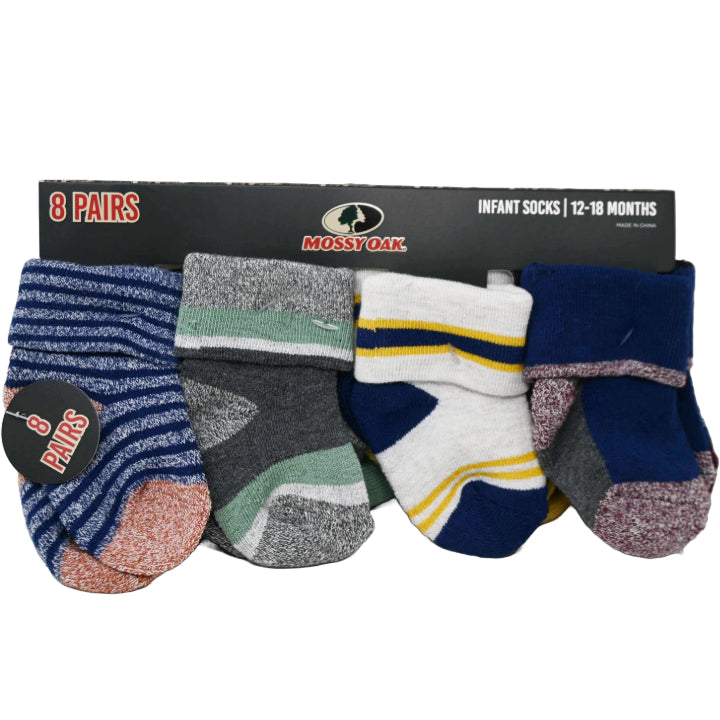 8pk INFANT BOY NAVY FULL CUSHION QTR SOCKS ASST SIZE MOSSY OAK C/P 60
