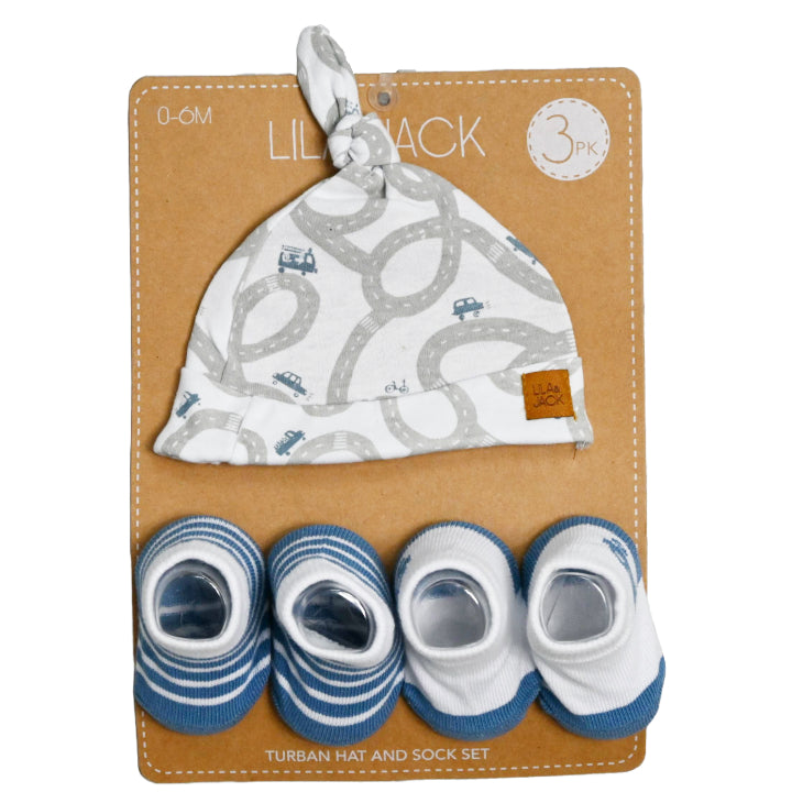 3 Piece Blue and White Cars/Stripes Printed Set: 1 Knot Hat and 2 Pairs of Socks C/P 60
