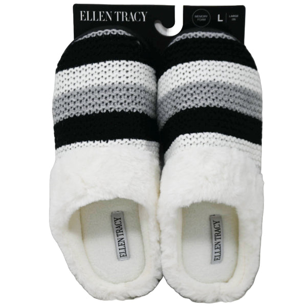 S-XL WOMEN BLK STRIPPED KNIT SLIPPER W/FAUX FUR COLLAR ELLEN TRACY C/P 18