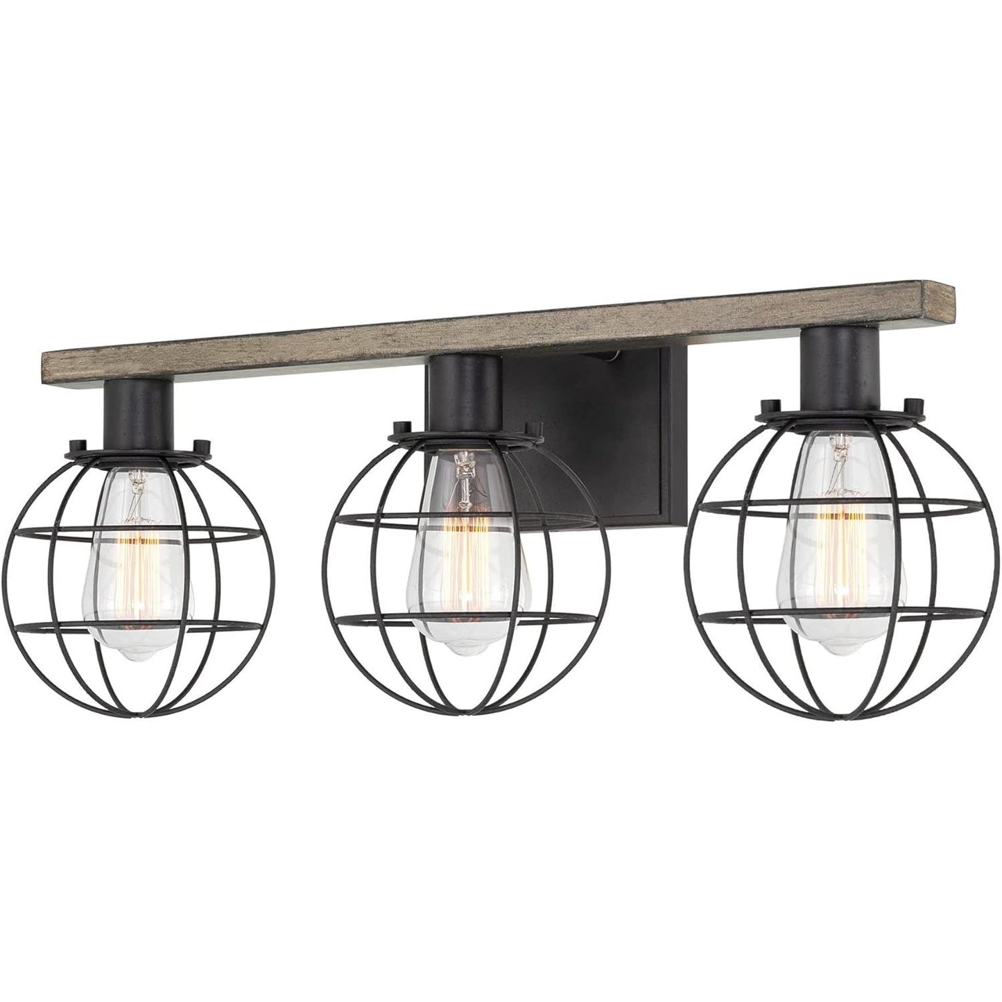 Nash 24" 3-Light Modern Farmhouse Vanity / Bathroom Light + Orb Cage Shades, Reclaimed Oak Wood Style + Textured Black Finish C/P 1