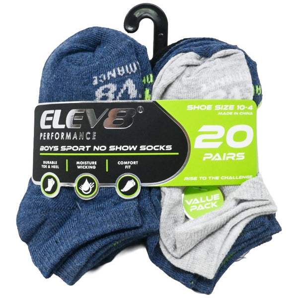 20pk Boys 10-4 Asst No Show Non Cush Socks C/P 30 ELEV8
