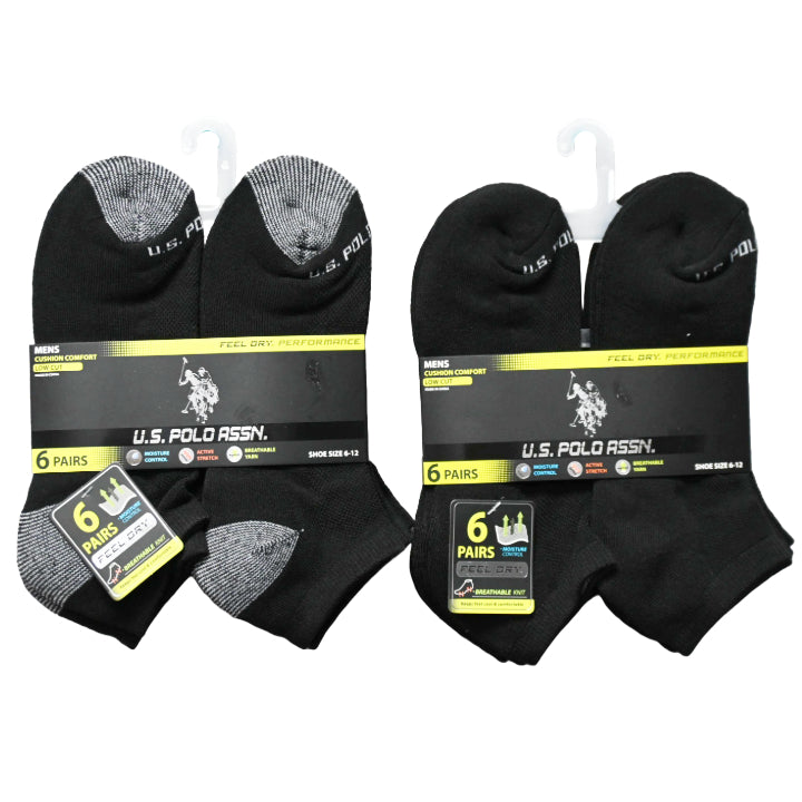 6pk MEN'S BLACK L/C CUSHION SOCKS SIZE 6-12 U.S. POLO ASSN. 3-ASST STYLES C/P 48