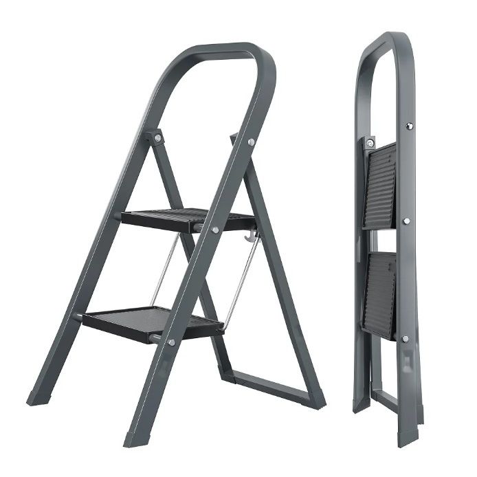 Grey 2-Step Ladder Folding Stool w/Handle (No UPC) HB Tower C/P 1