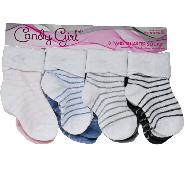 8pk CANDY GIRL STRIPED BODY TURNCUFF QTR SOCKS C/P 60