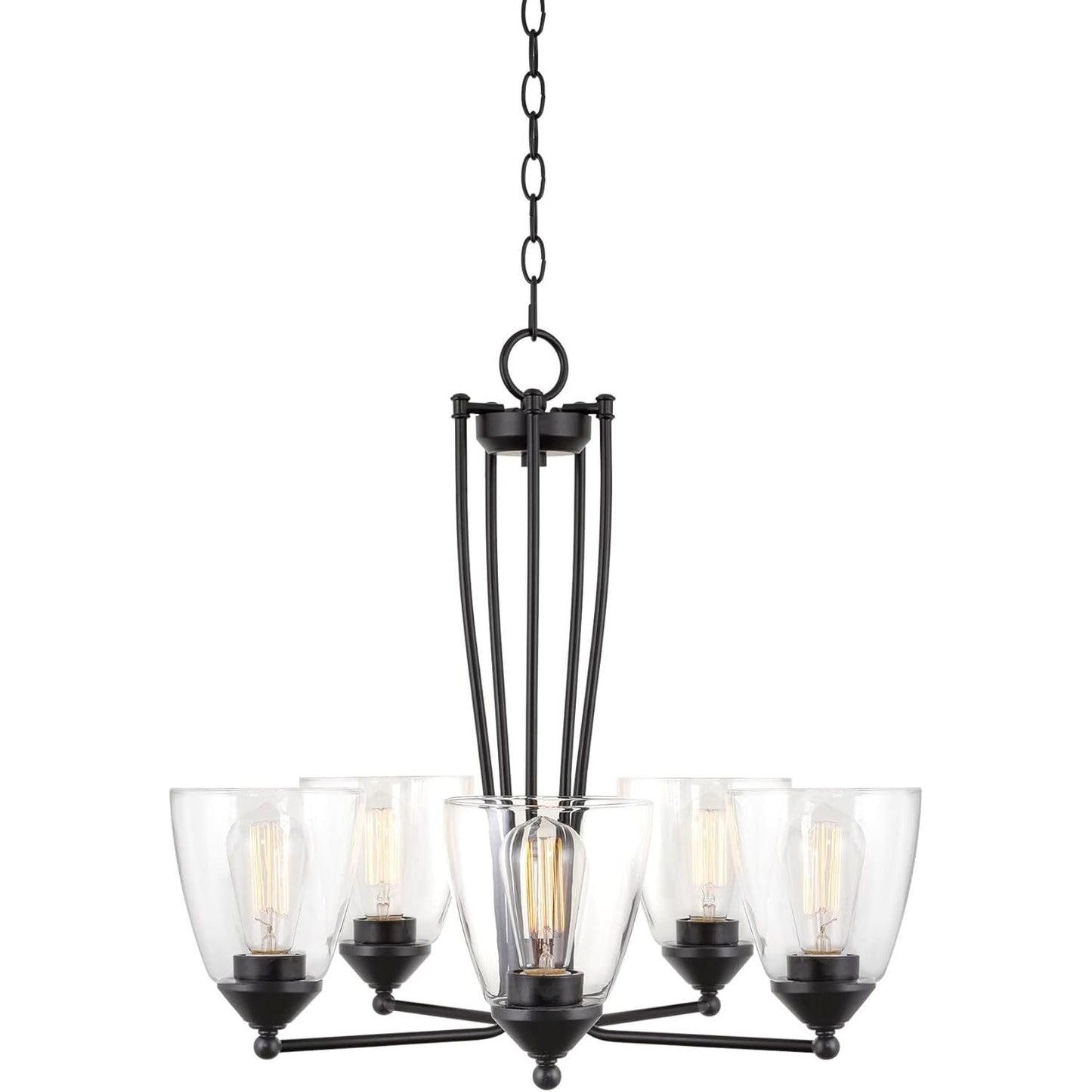 Charleston 24" 5-Light Modern Industrial Chandelier + Clear Bell Glass Shades, Classic Black Finish C/P 1