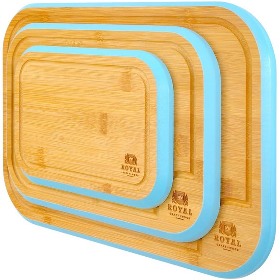 3pc BLUE ROUNDED BAMBOO CUTTING BOARD SET C/P 8