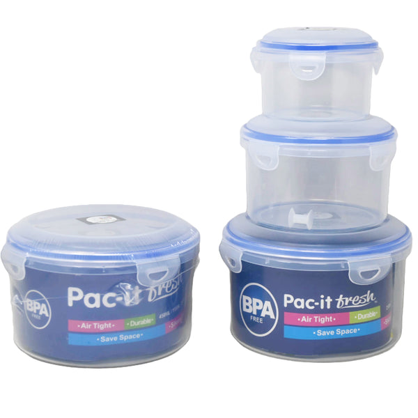 3pc RND. PLASTIC FOOD STORAGE CONTAINER SET PAC-IT FRESH C/P 24
