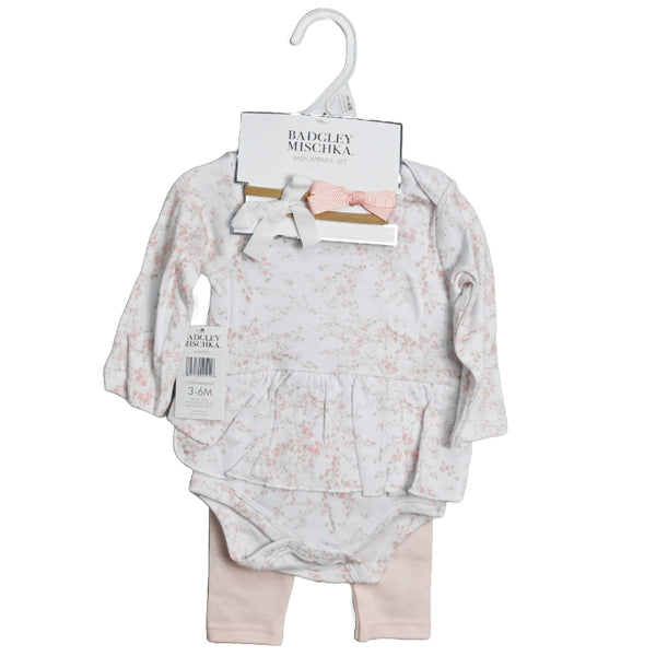 4PC Peach Floral On White Skirt Onesie & Peach Pants & Bow Headbands 3-12M Badgley Mischka C/P 48