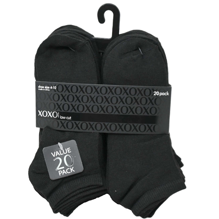 20pk LADIES BLK XOXO LOW CUT NC SOCKS SIZE 4-10 C/P 48