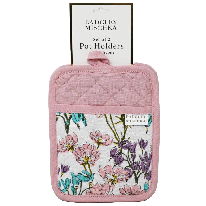 2pc Pink Silicone Grip Pot Holder Floral Print C/P 30