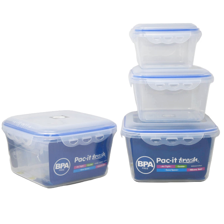 3pc SQR. PLASTIC FOOD STORAGE CONTAINER SET PAC-IT FRESH C/P 24