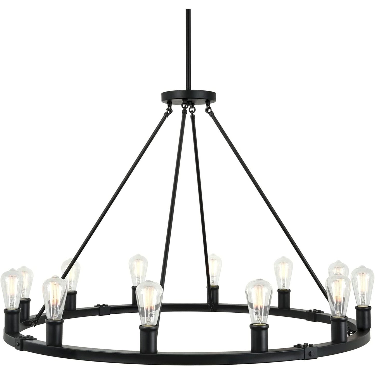 Jericho 42" 12-Light Large Industrial Rustic Farmhouse Wagon Wheel Chandelier, Round Kitchen Island Light, Black Finish C/P 1