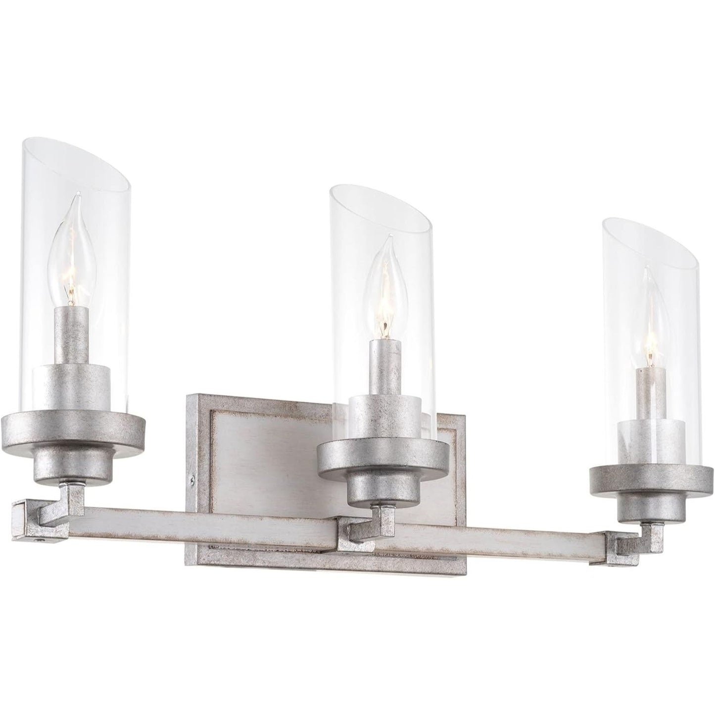 Sierra 22" 3-Light Farmhouse Vanity / Bathroom Light + Cylinder Glass Shades, White Ash Wood Style + Galvanized Steel Finish C/P 1