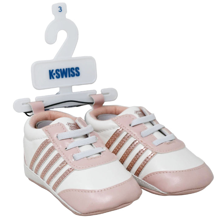 K-SWISS WHT/RSGOLD INFANT GIRLS SNEAKERS W/5 STRIPE DETAILS 4-ASST SIZEE C/P 18