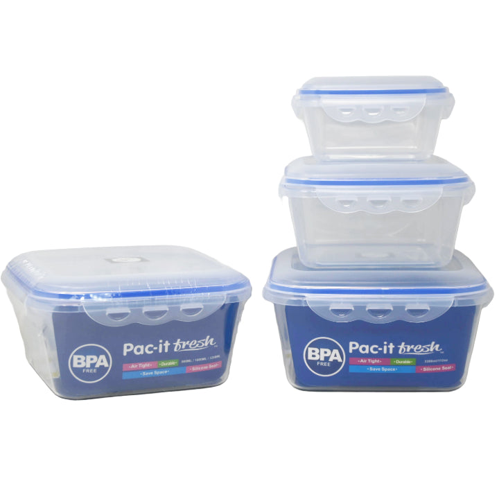3pc SQR. PLASTIC FOOD STORAGE CONTAINER SET PAC-IT FRESH C/P 24