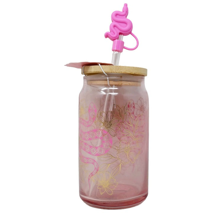 Luster Glass w/Sipper Straw Lid Pink Snake Flower C/P 24