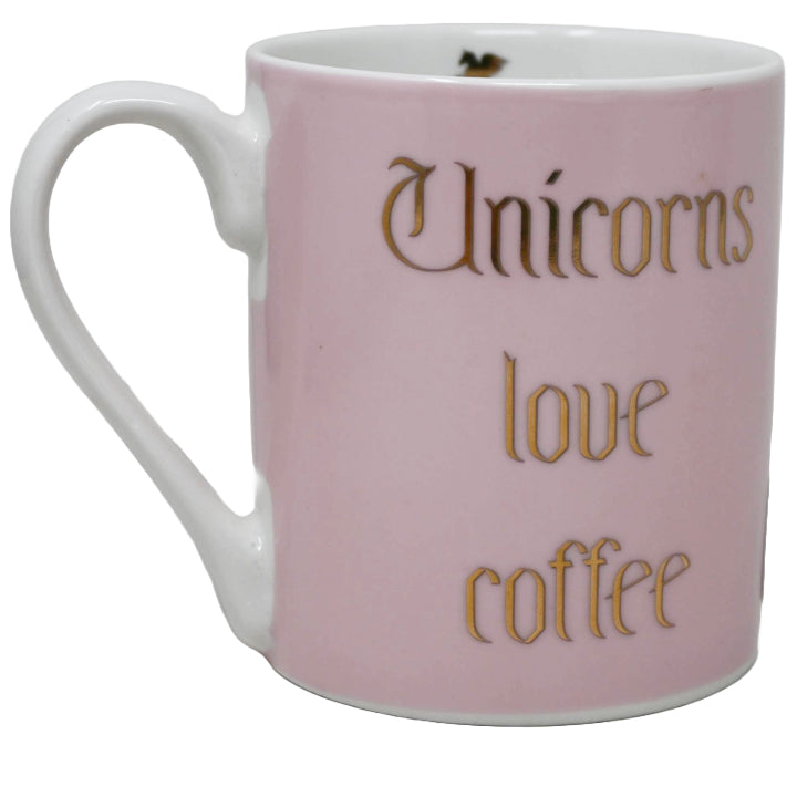 16oz Pink Can Mug: "Unicorns Love Coffee" in Gold and White Inside with Small Gold Unicorn C/P 36