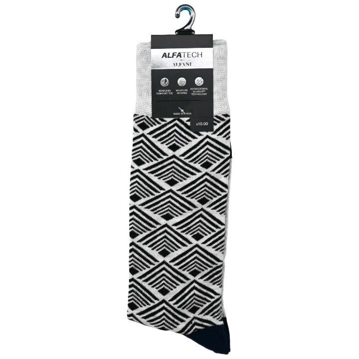 *NO USA* Mens 10-13 White with Black 1 pair ALFANI SINGLE PRINTED DRESS SOCKS BLACK TRIANGLE UPC: 7-33003-69116-5 SKU: Alfani Socks C/P 180