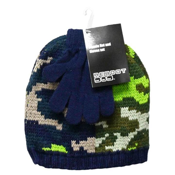 2pc Boys Blue Green Camo Hat Glove Set C/P 36