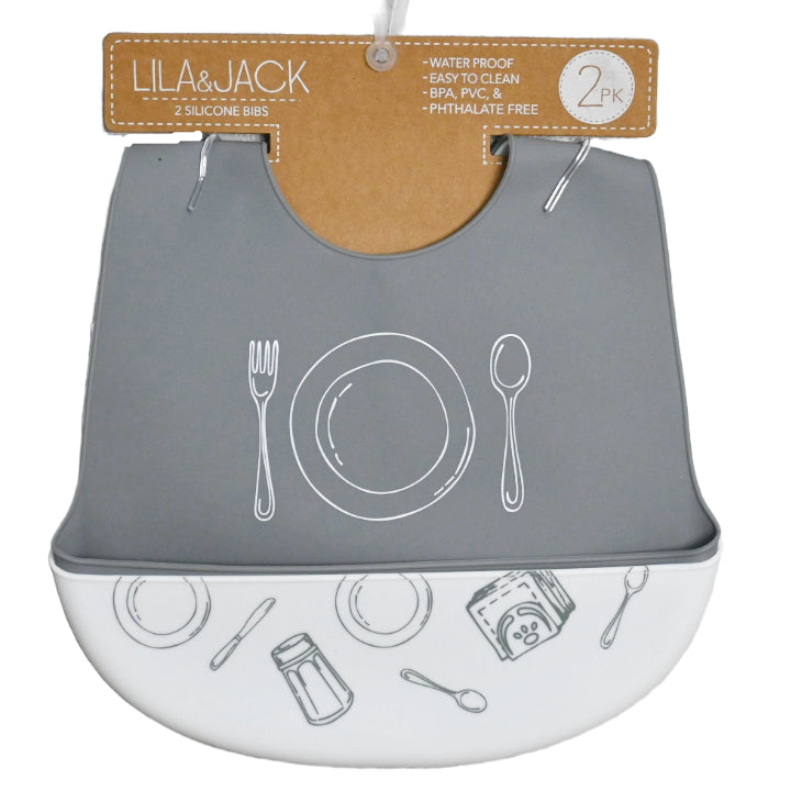 2PC Silicone Bibs - Gray Plate Spoon Fork & Utensil Print C/P 60