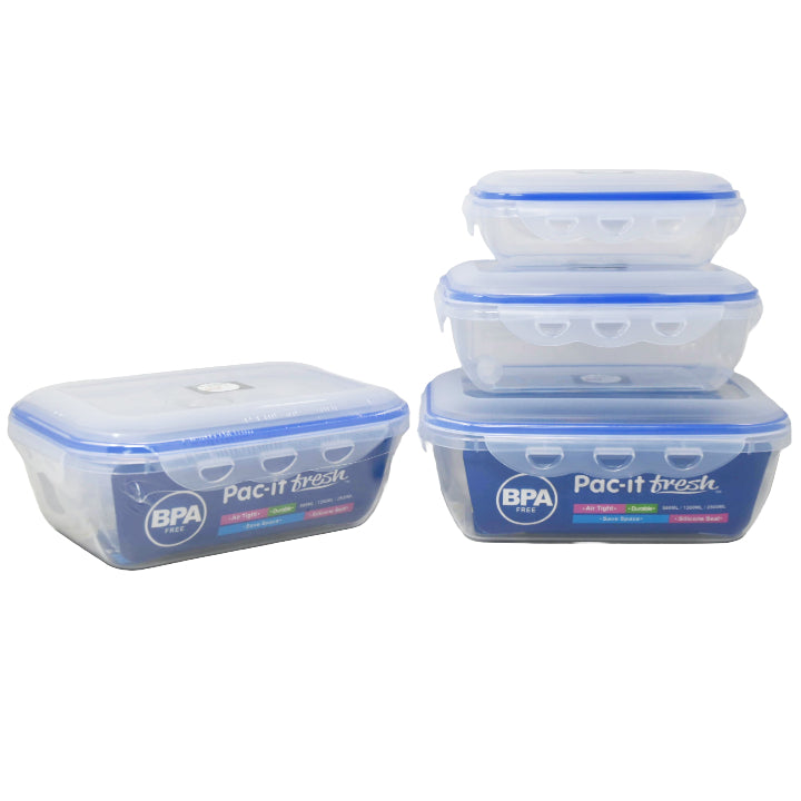 3pc RECT. PLASTIC FOOD STORAGE CONTAINER SET PAC-IT FRESH C/P 24