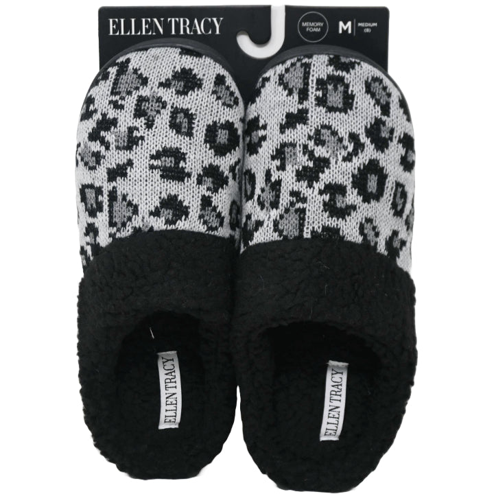 S-XL WOMEN GREY/LEO ANIMAL KNIT SLIPPER W/SHERPA COLLAR ELLEN TRACY C/P 18