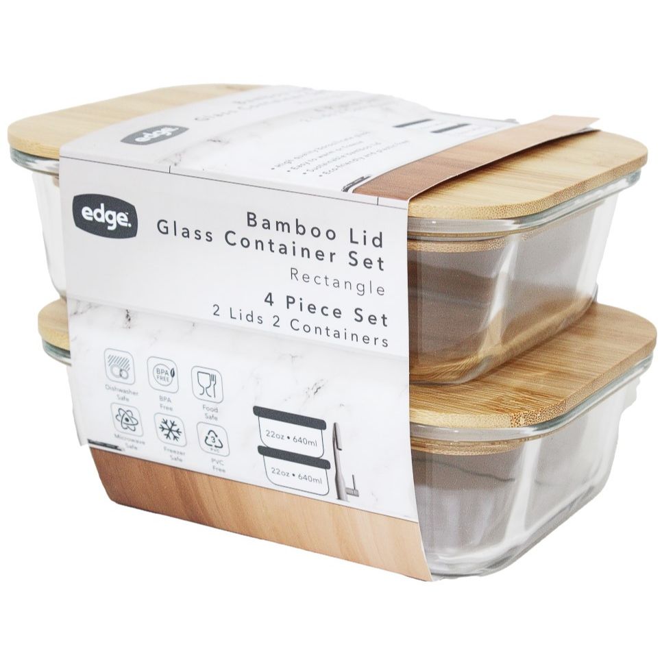 2pc 22oz STACKED RECT. GLASS CONTAINER W/BAMBOO LID C/P 6