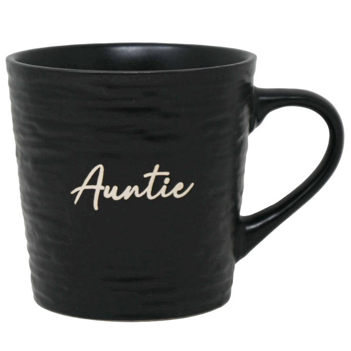 16oz Matte Black Mug with Embossed Pattern and Debossed "Aunt" C/P 24