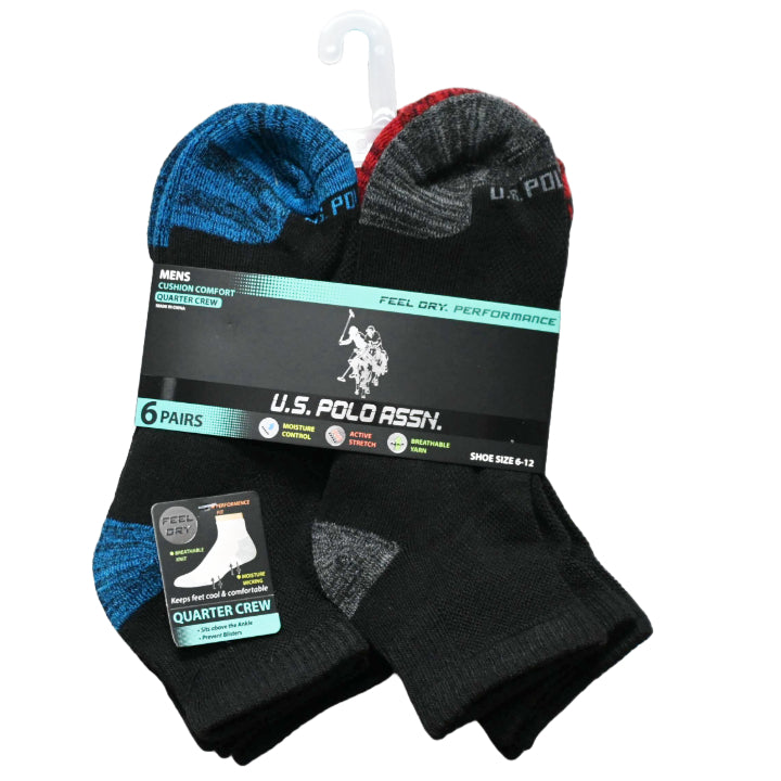 6pk MEN QTR CUSHION CREW SOCKS BLK STYLES SIZE 6-12 C/P 48