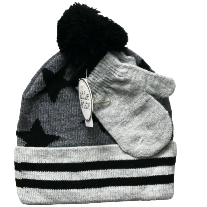 TODDLER HEATHERED KNIT CUFF POM STAR HAT & MITTEN SET C/P 96