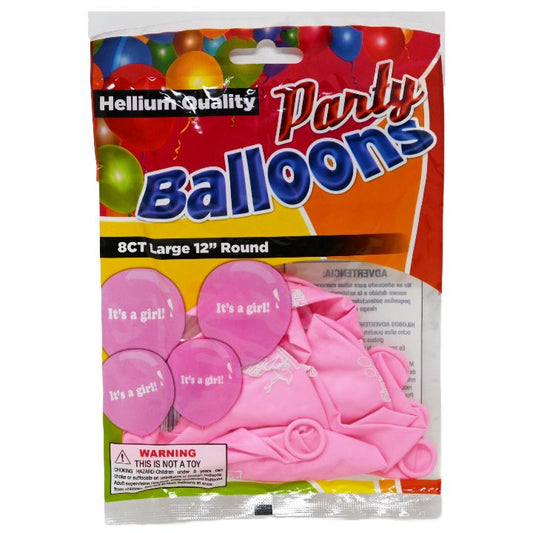 8ct HELIUM QUALITY "IT'S A GIRL" PINK PARTY BALLOONS C/P 48