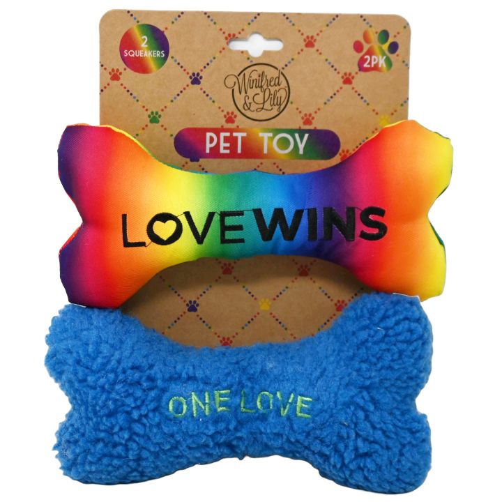 2 Pack Pet Toys - Woven Rainbow Bone "Love Wins" and Blue Sherpa Bone "One Love" C/P 24