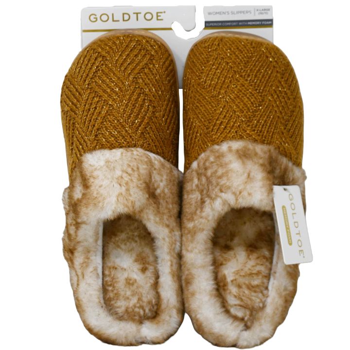 S-XL WOMEN COGNAC SHIMMER KNIT SLIPPER W/TIPPED FAUX COLLAR GOLD TOE C/P 18