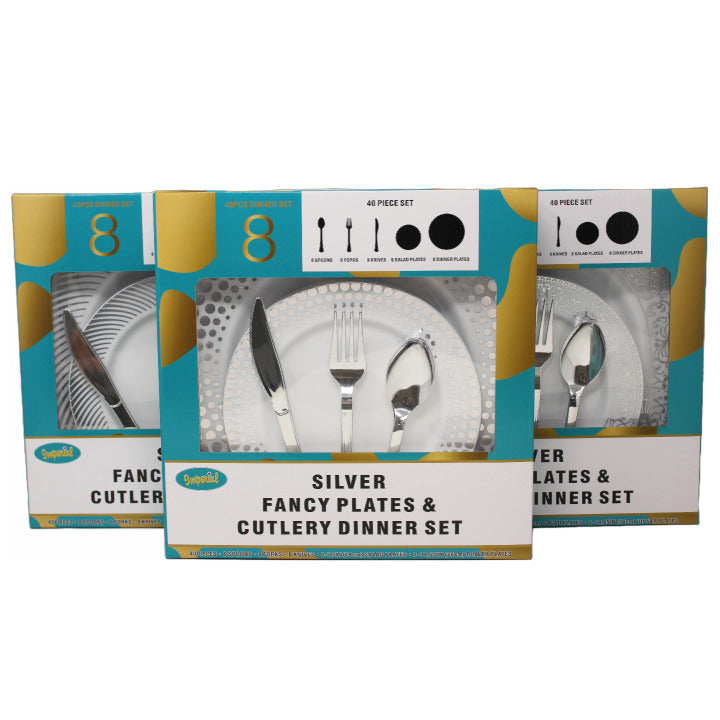 40pc SILVER DINING SET SERVICE, 3-ASST DESIGNS C/P 6