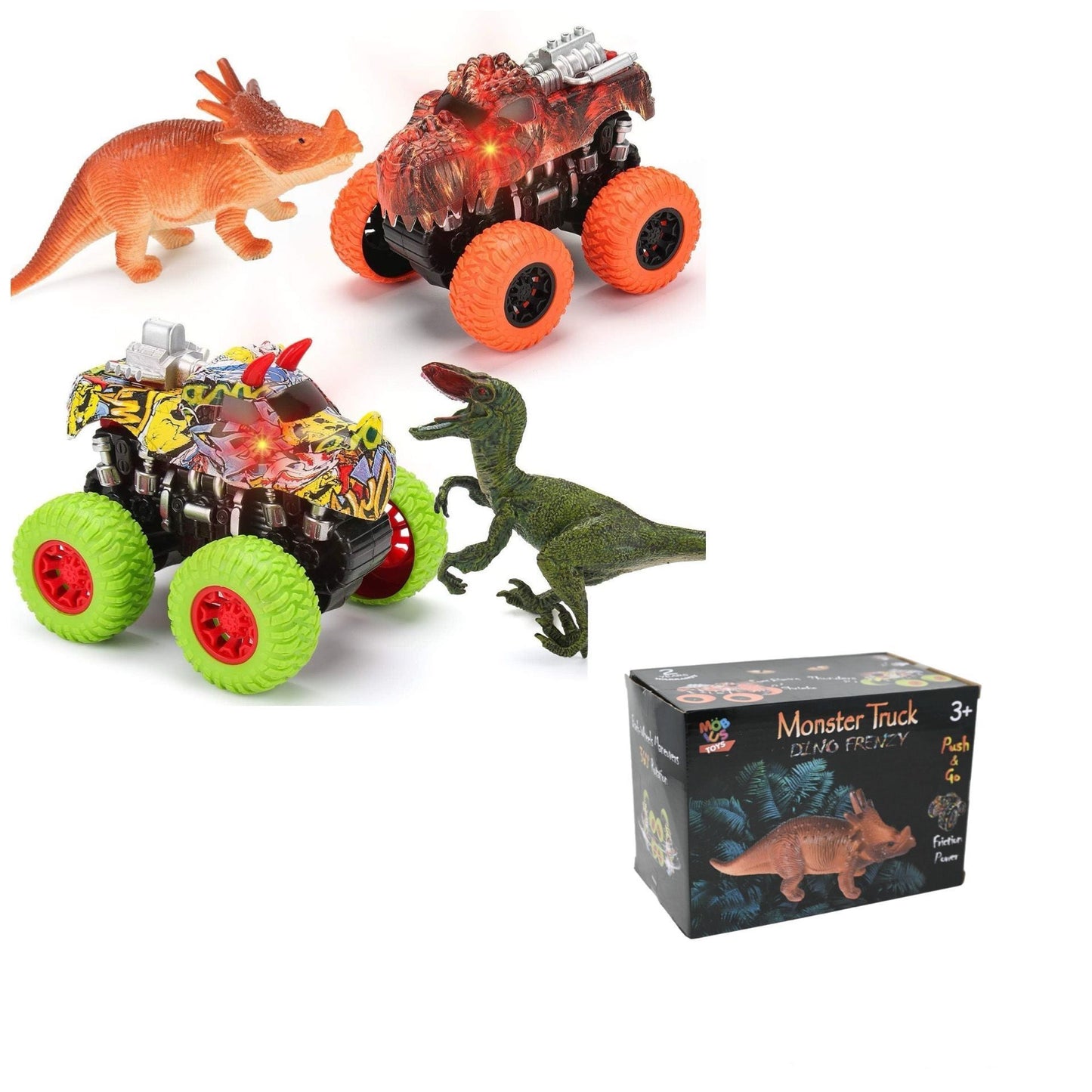 Monster Truck Dinosaur Set - 2 Dino Trucks + 2 Realistic Dinosaurs w/Lights & Roaring Sounds - Friction Push & Go C/P 24