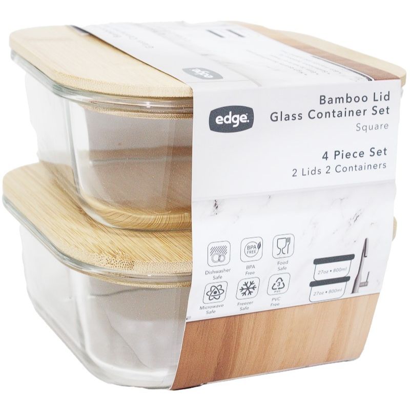 2pc 27oz STACKED SQUARE GLASS CONTAINER W/BAMBOO LID C/P 6