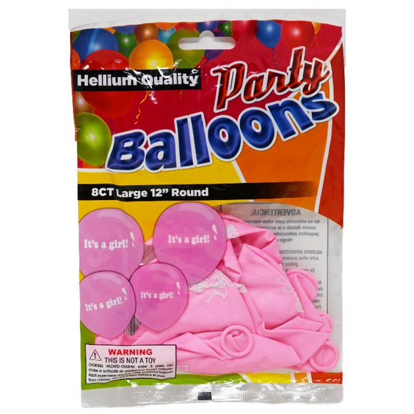 8ct HELIUM QUALITY "IT'S A GIRL" PINK PARTY BALLOONS C/P 48