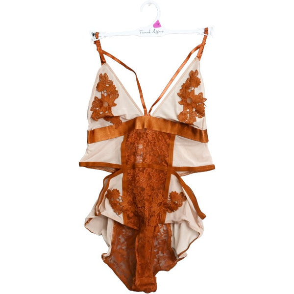 Brn Lace/Mesh Lined Bodysuit C/P 36 French Affair