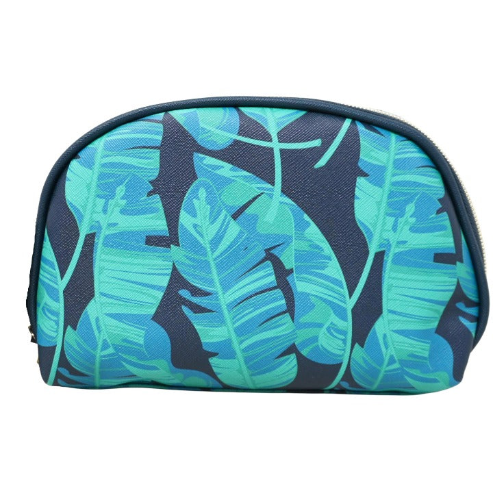 *OUTSIDE CA* NAVY/GRN DBL ZIP DOME COSMETIC BAG W/LEAVES PRINT CLEMENTINE AND JANE C/P 40