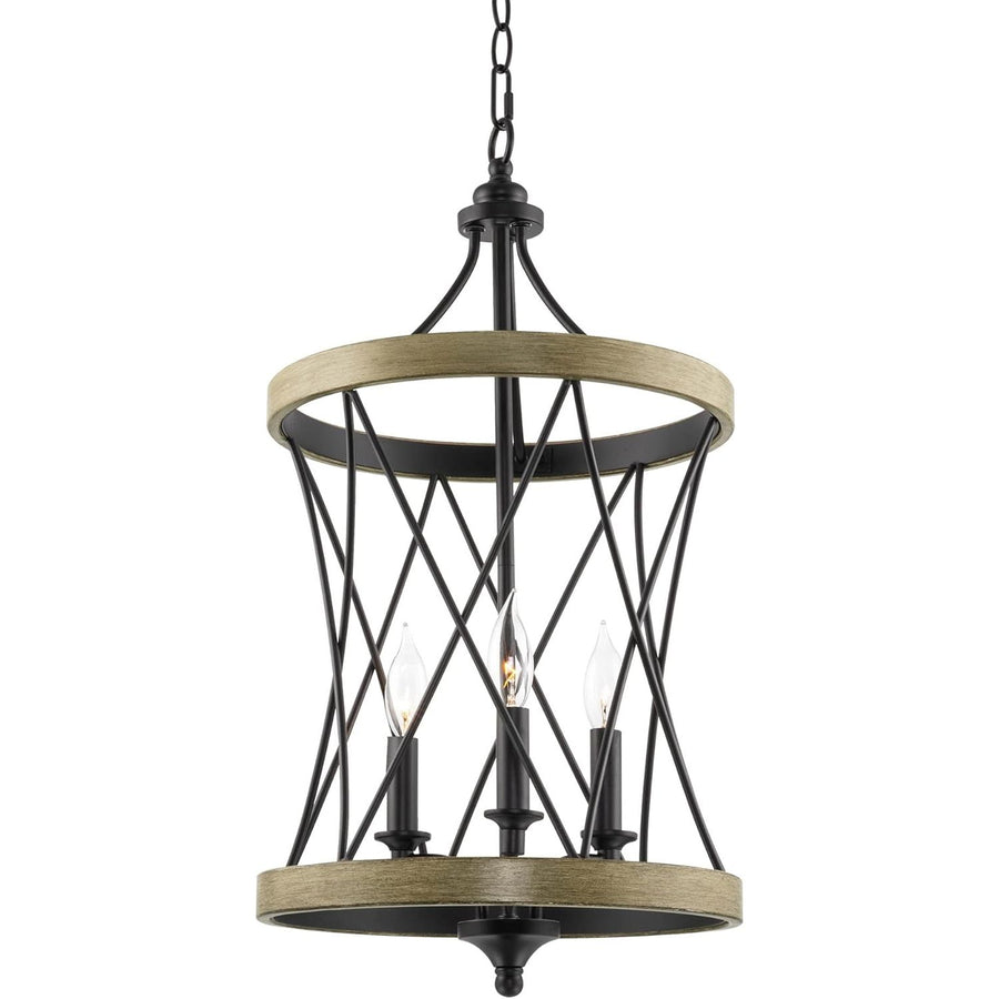 Evie 25" 3-Light Modern Farmhouse Pendant Light, Smoked Birch Wood Style + Black Finish C/P 1