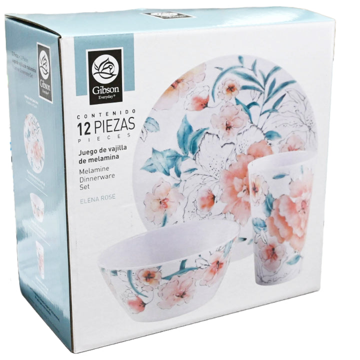 12pc GV ELENA ROSE DECAL MELAMINE DINNERWARE SET C/P 8