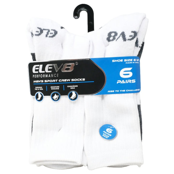 6pk Mens 10-13M Asst Wht Block Crew Socks C/P 60 ELEV8