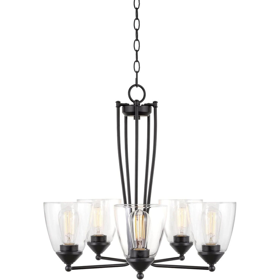 Charleston 24" 5-Light Modern Industrial Chandelier + Clear Bell Glass Shades, Classic Black Finish C/P 1