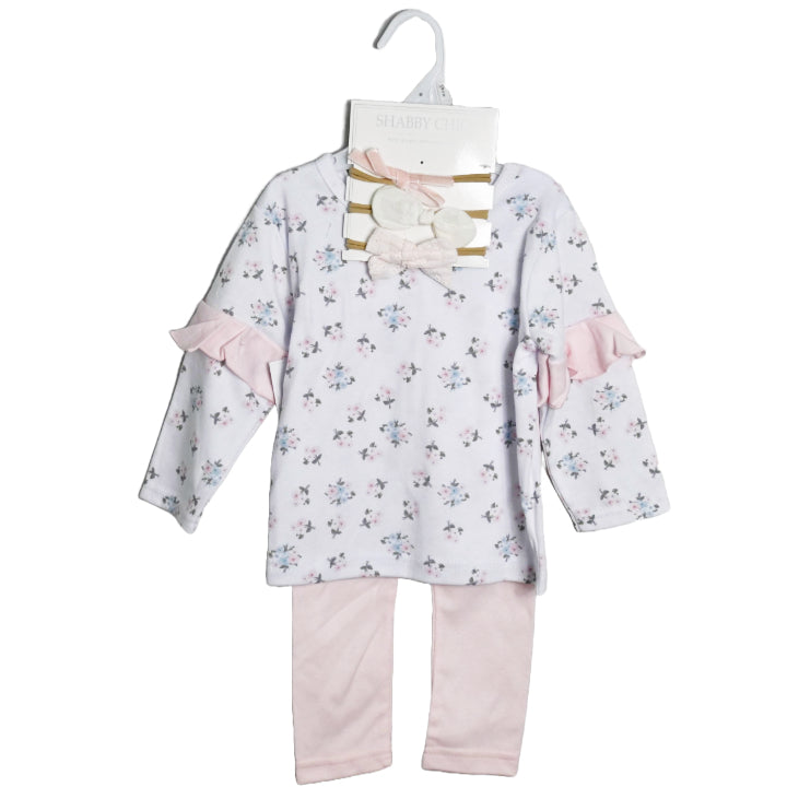 Pink/Floral Long Sleeve Bodysuit with Ruffles, Pants, and 3PK Headband Baby Apparel Set Shabby Chic C/P 48