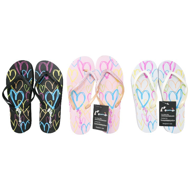 *OUT OF CA* WOMEN FLIP FLOPS wHEARTS PRINT 3-ASST COLOR/6-ASST SIZE SIZE C/P 36