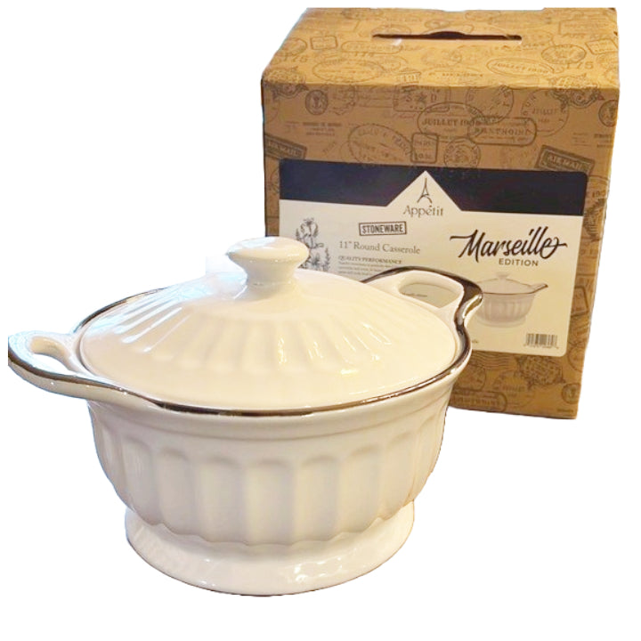 11" ROUND WHITE MARSEILLE STONEWARE W/LID C/P 6