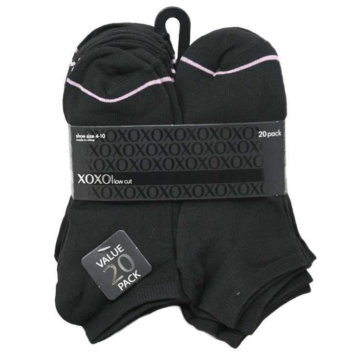 20pk LADIES BLK XOXO LOW CUT NC SOCKS SIZE 4-10 C/P 48