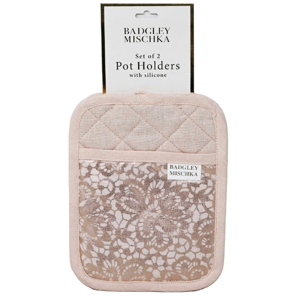 2pc Rose Silicone Grip Pot Holder wShining Floral Lace C/P 30