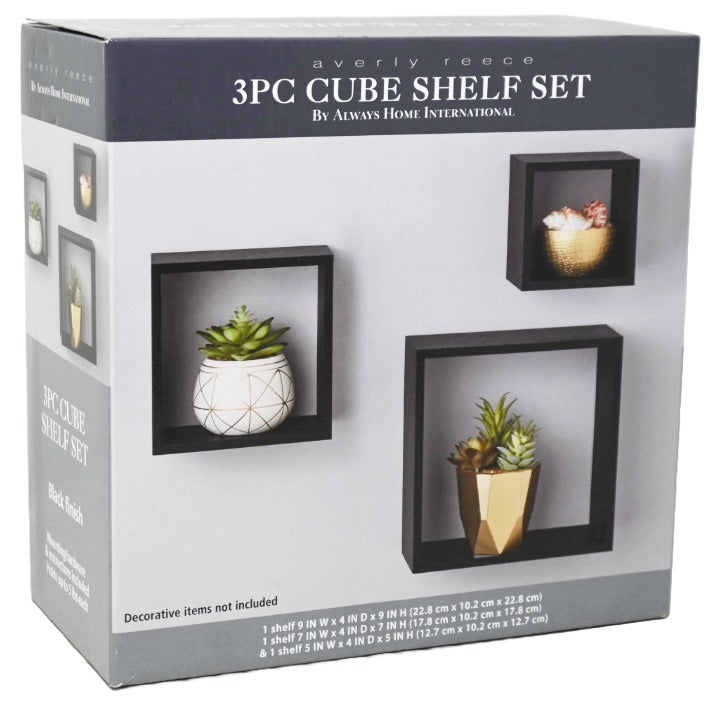 3pc BLACK WOOD CUBE SHELF SET, 3-ASST SIZE REAL LIVING C/P 2